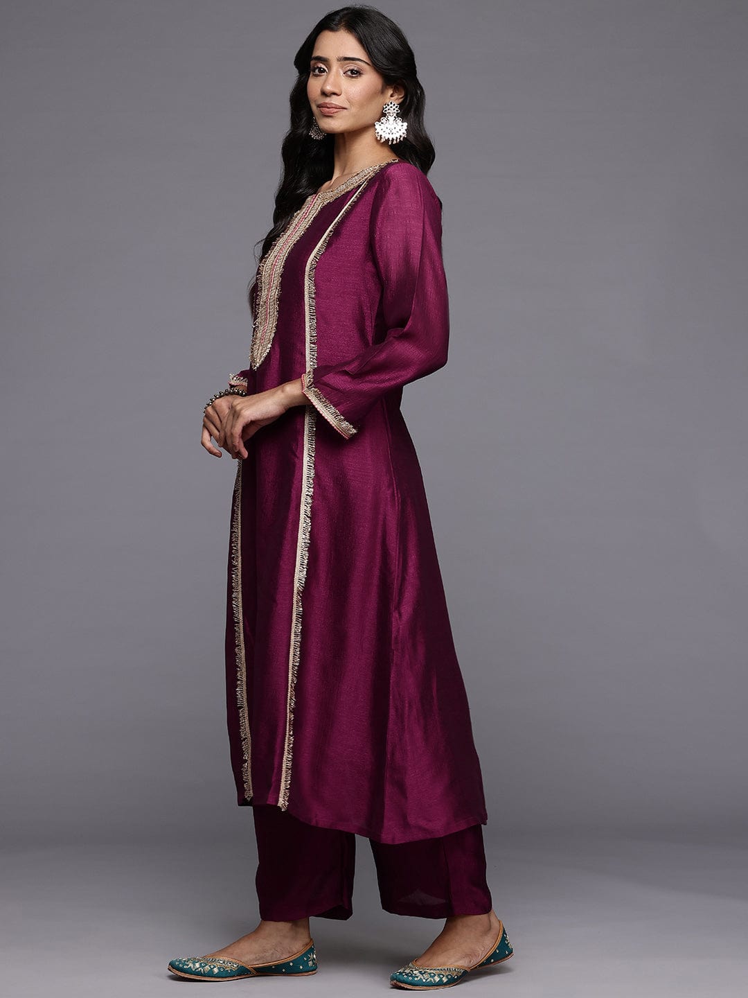 Varanga Women Wine Zari Lace Embellished Anarkali Kurta With Trousers And Tissue Dupatta
