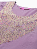 Varanga Women Lavender Zari Embroidered Straight Kurta With Trousers And Fringed Dupatta