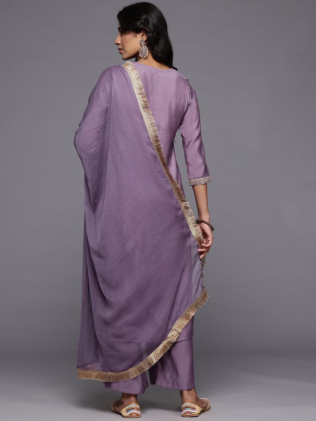 Varanga Women Lavender Zari Embroidered Straight Kurta With Trousers And Fringed Dupatta