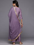 Varanga Women Lavender Zari Embroidered Straight Kurta With Trousers And Fringed Dupatta