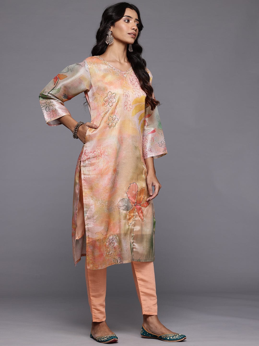 Varanga Women Peach Silk Floral Printed Beads And Stones Embellished Kurta Set With Dupatta