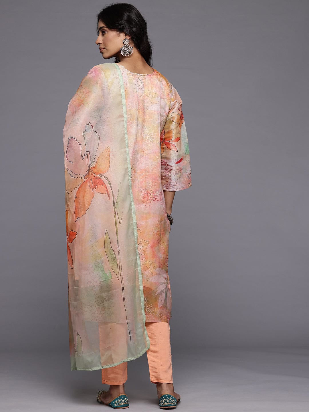 Varanga Women Peach Silk Floral Printed Beads And Stones Embellished Kurta Set With Dupatta