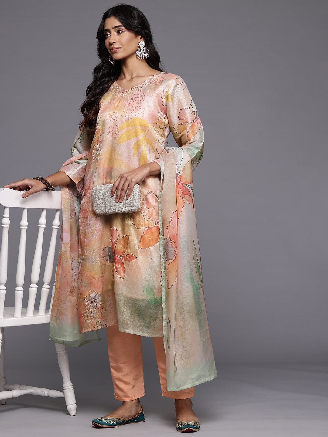 Varanga Women Peach Silk Floral Printed Beads And Stones Embellished Kurta Set With Dupatta
