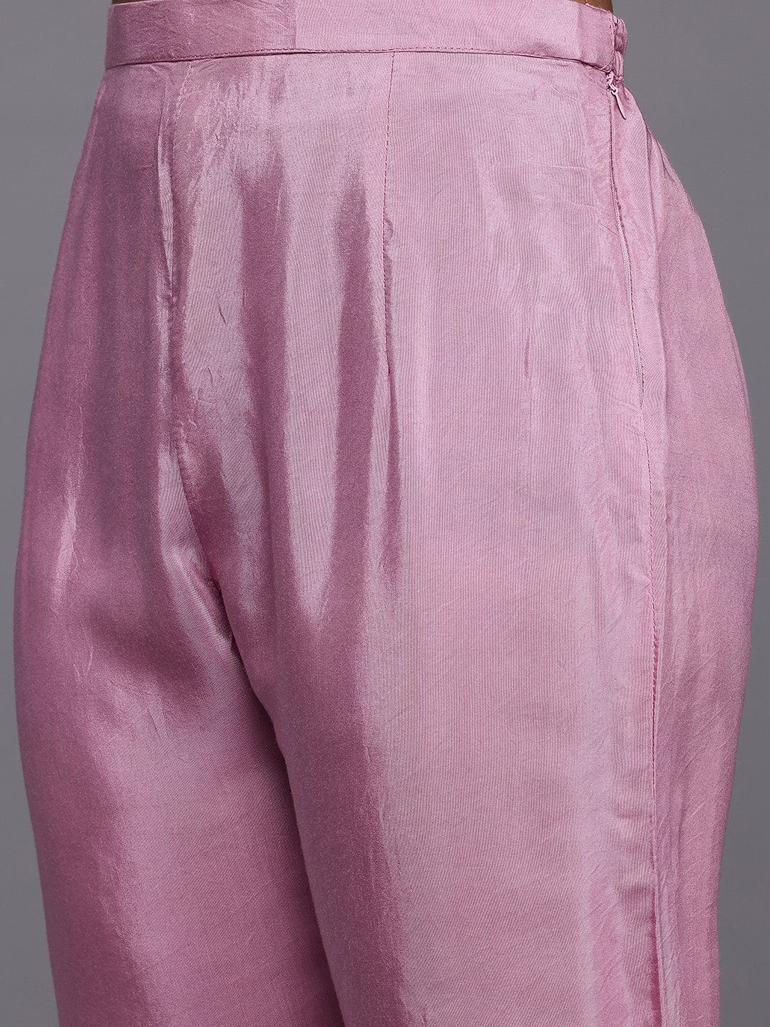Varanga Women Mauve Pure Silk Printed & Embelished Straight Kurta With Trouser And Printed Dupatta
