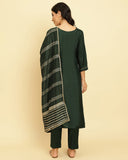 Varanga Women Green Embroidered Straight Kurta Paired With Tonal Bottom And Dupatta