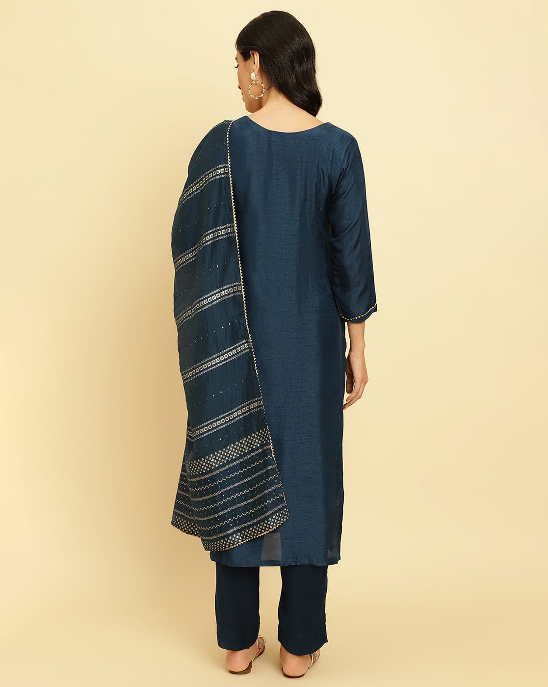 varanga women blue embroidered straight kurta paired with tonal bottom and dupatta