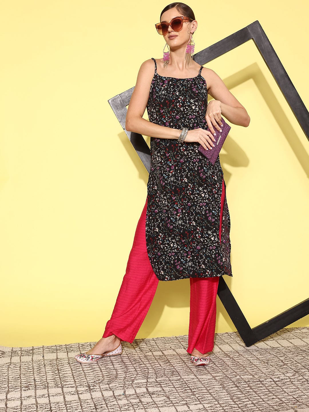 Black floral printed spaghetti strap style straight kurta with side slits
