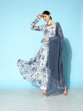 Varanga Floral White And Blue Printed Floral Georgette Anarkali Kurta
