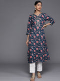 Varanga Women Blue Floral Printed Kurta With V-Neck , Three Quarter Sleeves