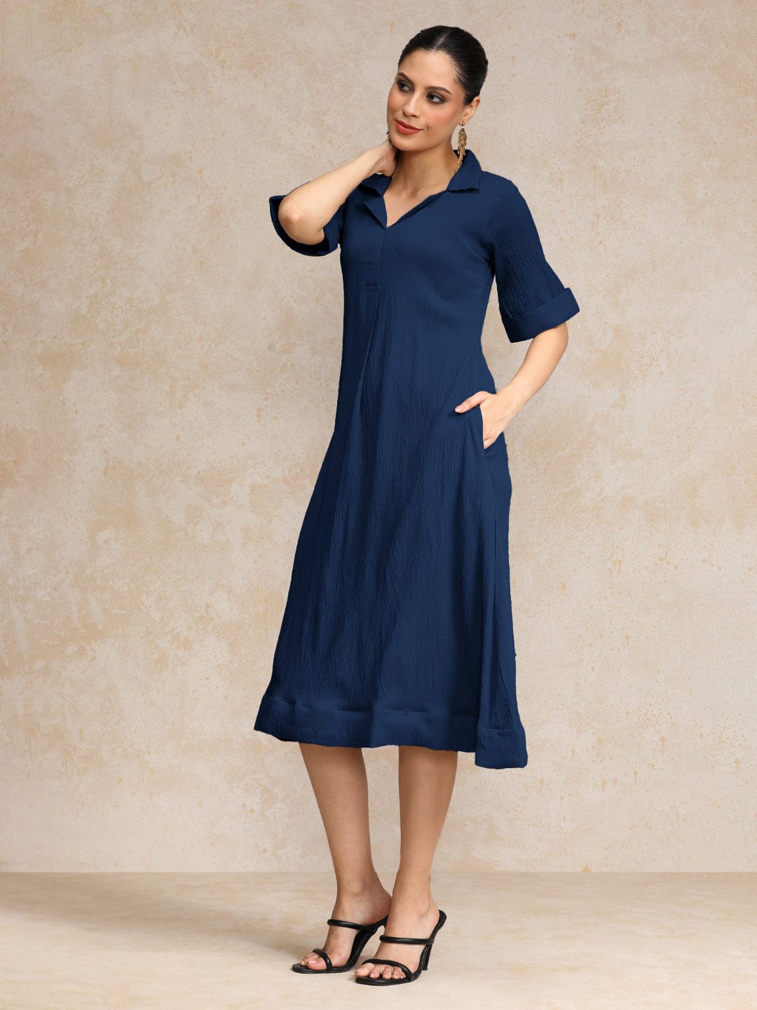 Varanga Women  Beige Shirt Collar A Line Dress