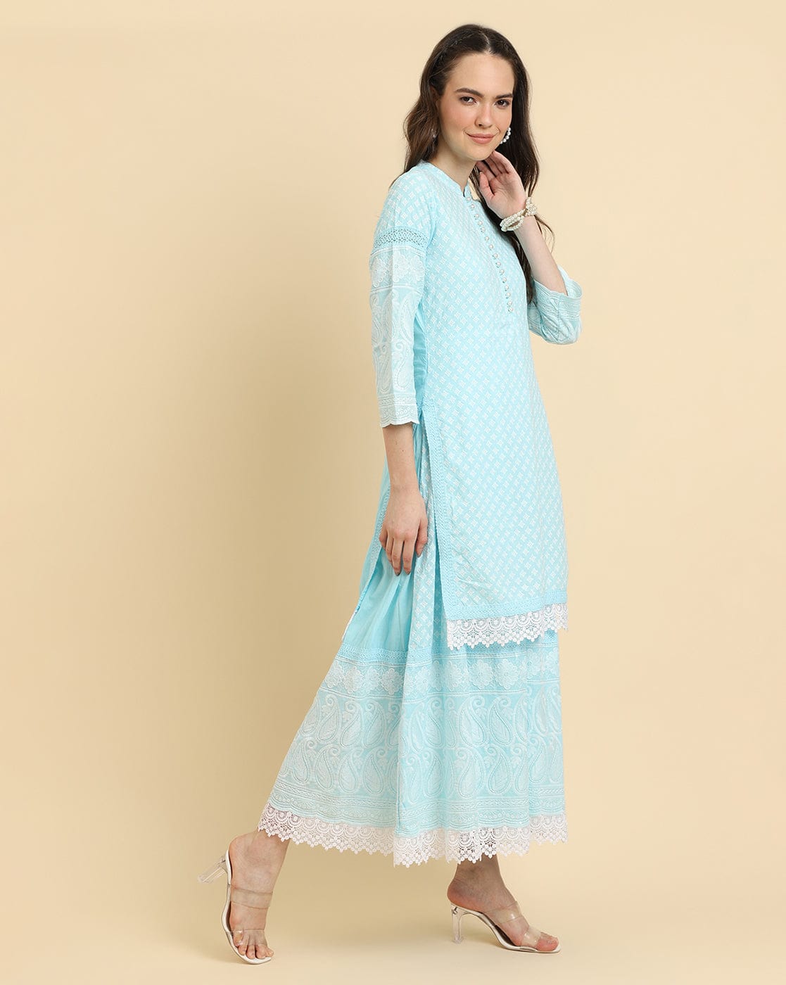 Varanga Women  Blue Chikankari Kurta Attached With Skirt