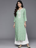 Varanga Women Green Floral Printed Yoke Embroidered Straight Kurta With Side Slits