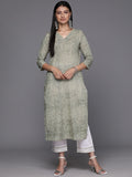 Varanga Grey And Green Women Striped Gotta Patti Kurta