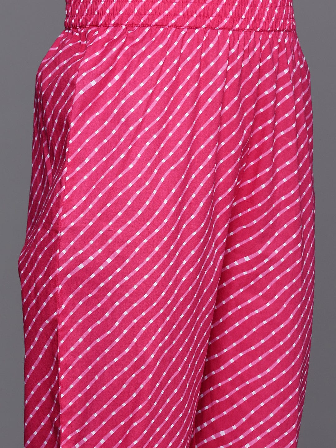 Varanga Women Fuchsia Leheriya Print V-Neck With Lace Detail A Line Kurta  With Bottom And Dupatta.