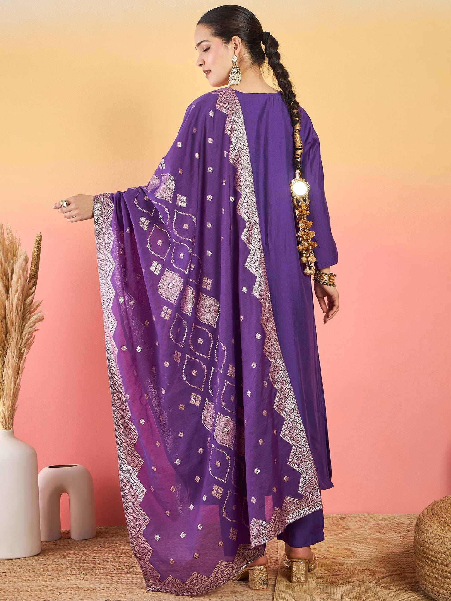 kurta set featuring a bead-embellished yoke, solid ankle-length trousers, and a brocade dupatta