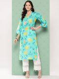 Varanga Women Turqouise Blue Floral Printed Straight Kurta With Bell Sleeves