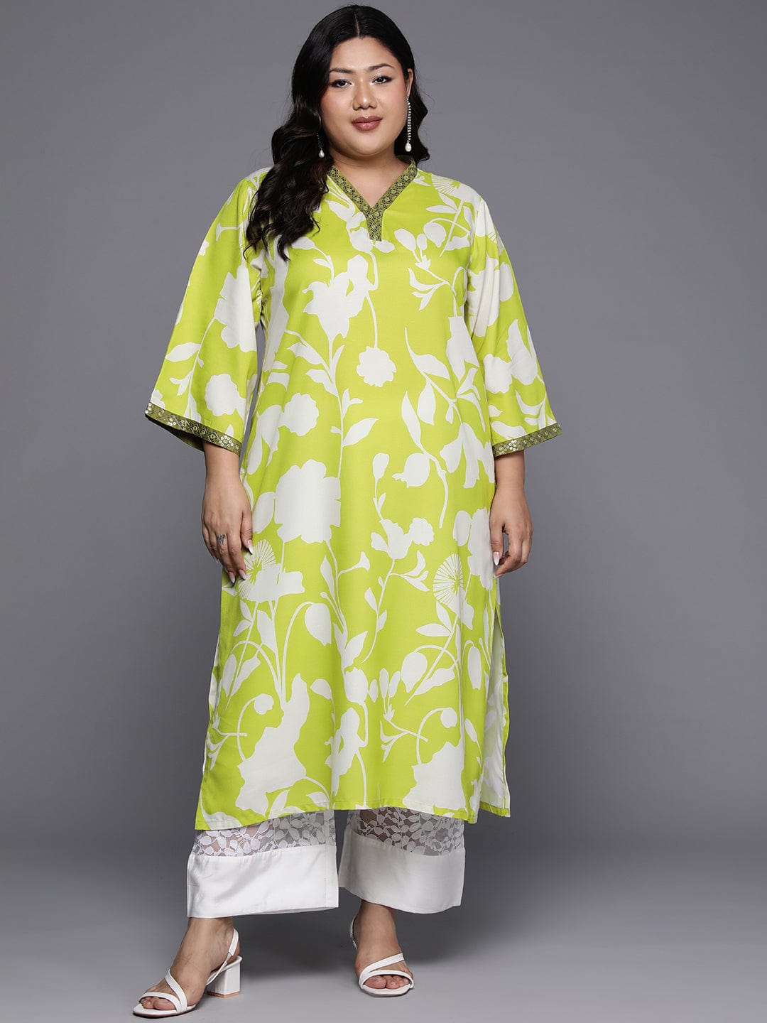 Varanga Women Plus Size Lime Green Floral Printed Kurta With V Neck And Three Quarter Bell Sleeves Pl24 Vkur1071