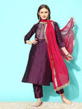 Varanga Purple Embroidered Regular Thread Work Kurta with Trousers & With Dupatta