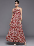 Varanga Red And Grey Floral Floral Print Georgette A Line Maxi Dress