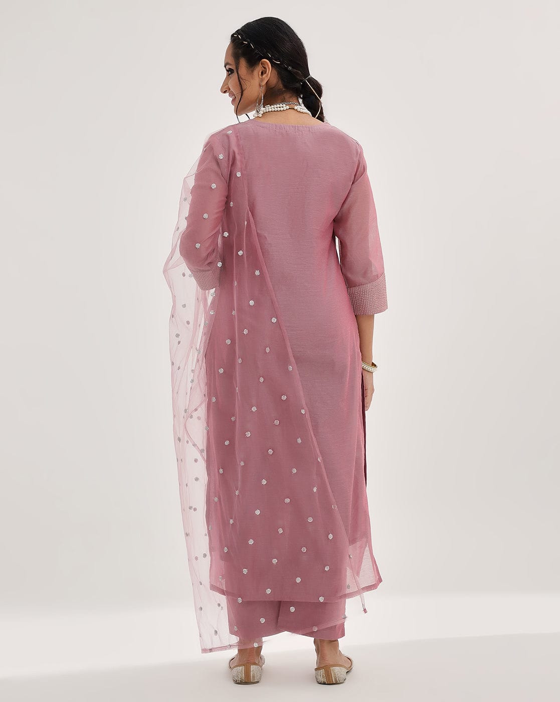 Varanga Women Mauve Floral Embroidered Regular Chanderi Silk Kurta With Trousers & With Dupatta