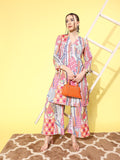 Varanga Women Multi Colour Abstract Printed Angrakha Style Kurta Paired With Tonal Printed Bottom
