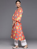 Varanga Women Orange Floral Printed V-Neck A-Line Kurta With Side Slits