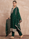Elegant In Deep Green, This Straight-Fit Kurta With Intricate Zari-Embroidered Yoke Is Paired With Ankle-Length Solid Trousers And A Matching Zari-Accented Dupatta