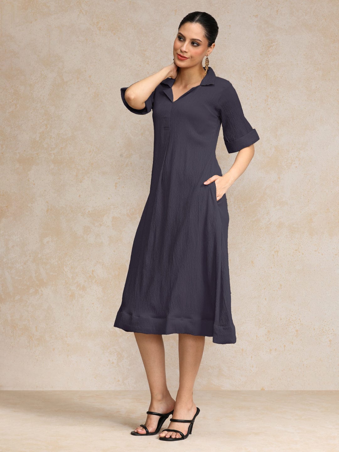 Varanga Women  Beige Shirt Collar A Line Dress