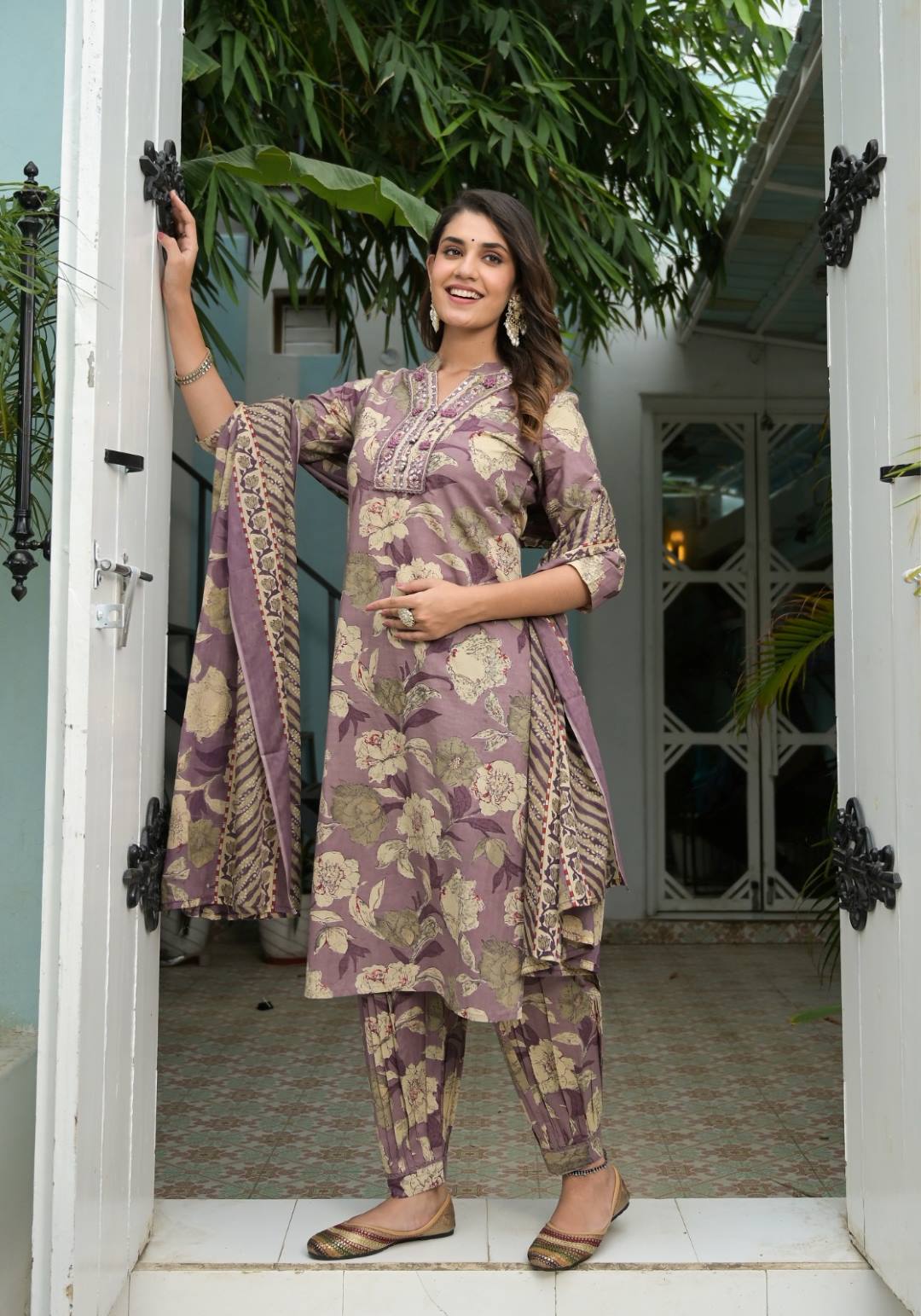 Varanga Women Lavender Floral Printed Mirror Embellished Straight Kurta Paired With Afghani Bottom And Printed Dupatta
