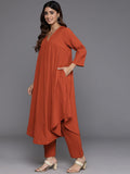 Varanga Women Rust Empire Gathered Details A-Line Kurta Paired With Tonal Bottom