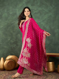 Fuchsia kurta set featuring a bead-embellished yoke, solid ankle-length trousers, and a brocade dupatta