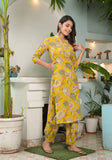 Varanga Women Yellow Floral Printed Mirror Embellished Straight Kurta Paired With Afghani Bottom And Printed Dupatta