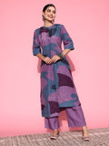 Varanga Purple Abstract Printed Mandarin Collar Kurta with Palazzos