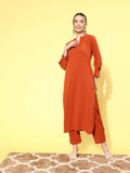Varanga Women Rust Long Sleeves With Smart Cut Cuff, Straight Kurta Paired With Tonal Solid Bottom