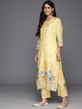 Varanga Women Yellow Abstract Printed Round Neck Straight Pure Muslin Kurta Paired With Tonal Bottom And   Organza Embroiderd Dupatta