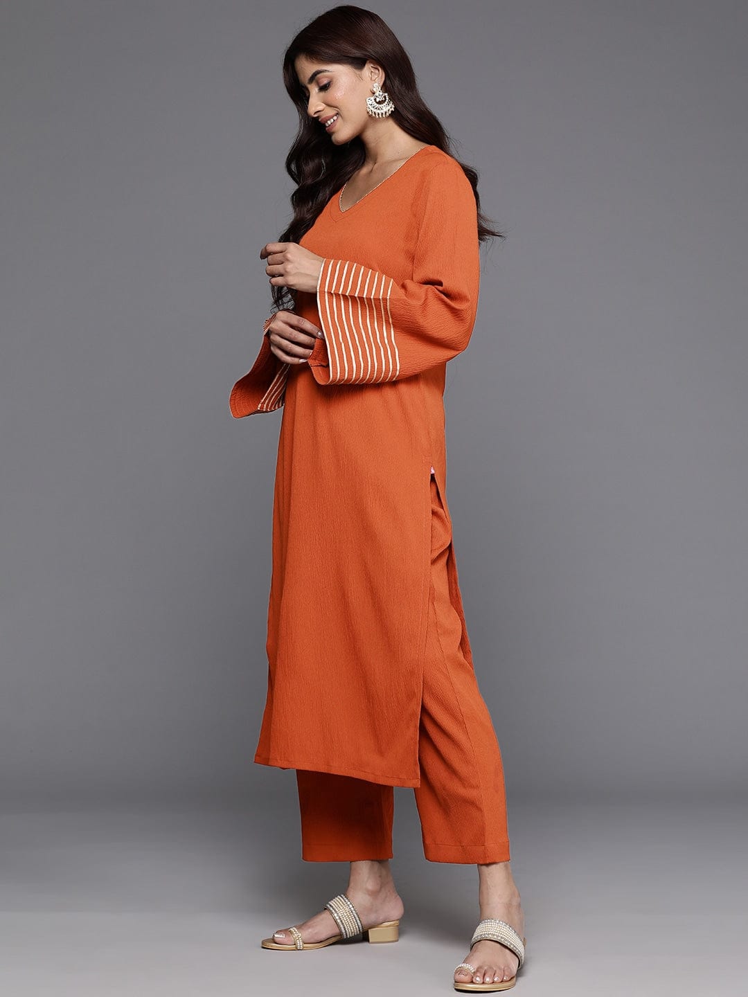 Varanga Women Rust Solid V-Neck  Embellished With Gota Straight Kurta Paired With Tonal Bottom And Dupatta