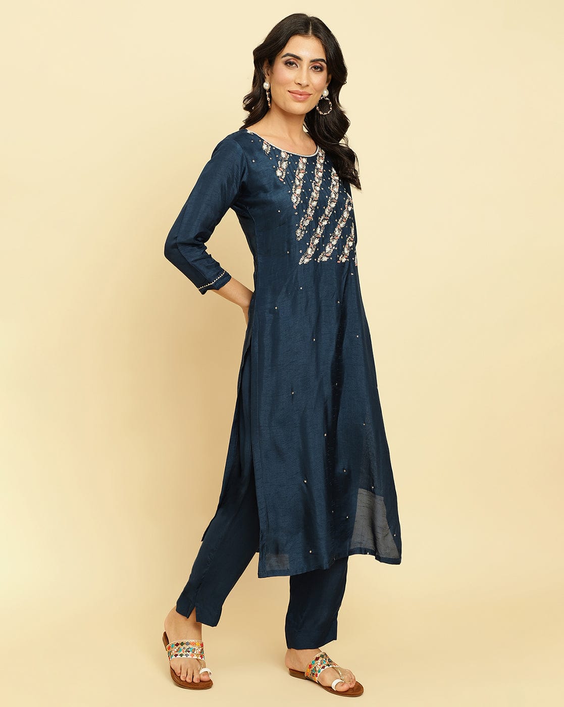 varanga women blue embroidered straight kurta paired with tonal bottom and dupatta