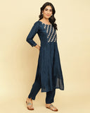 varanga women blue embroidered straight kurta paired with tonal bottom and dupatta