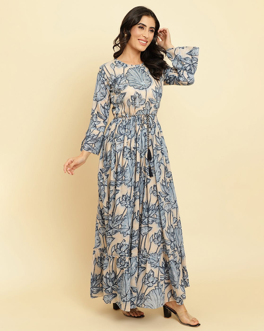 varanga women blue floral printed anarkali kurta