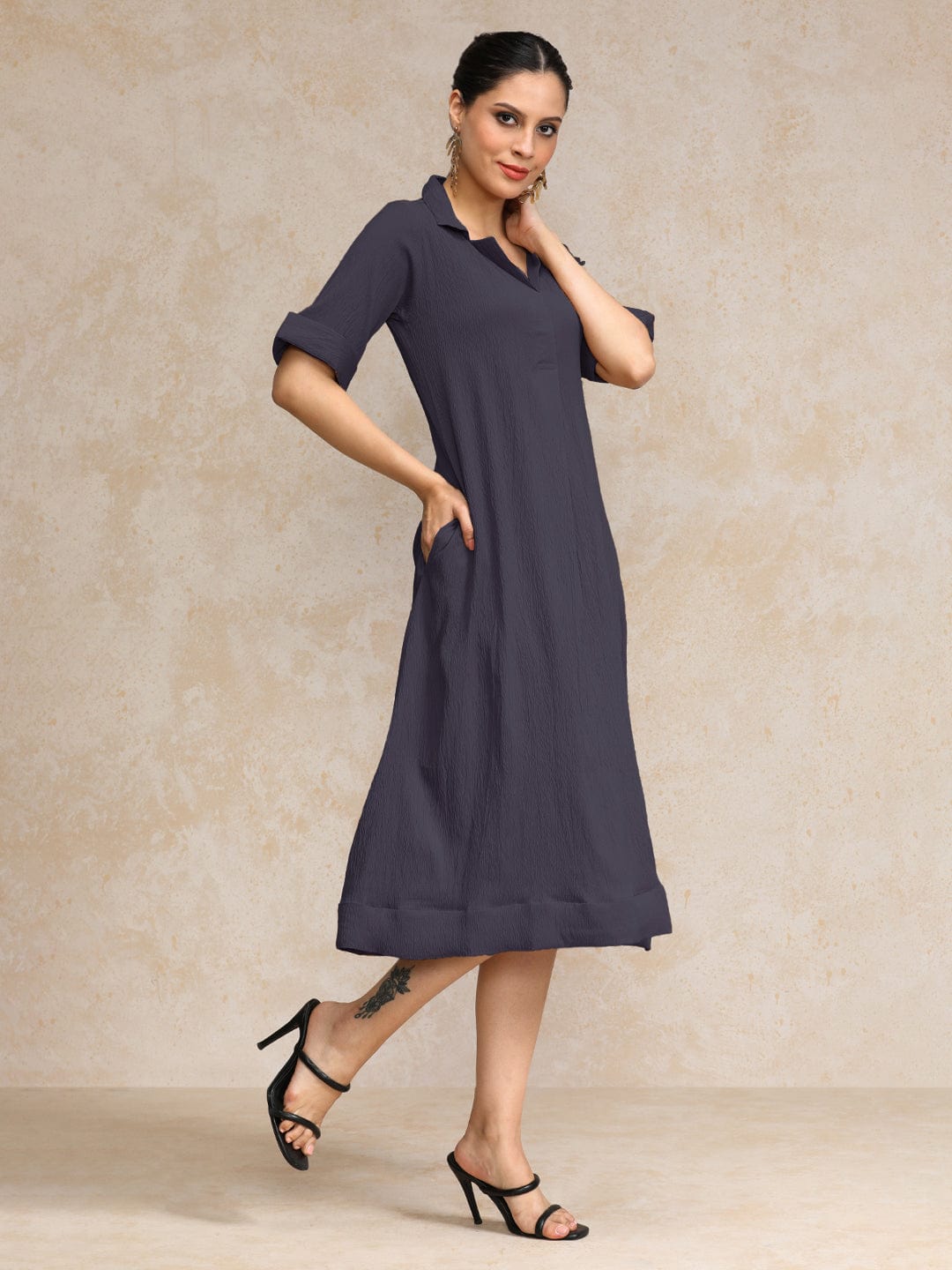 Varanga Women  Beige Shirt Collar A Line Dress