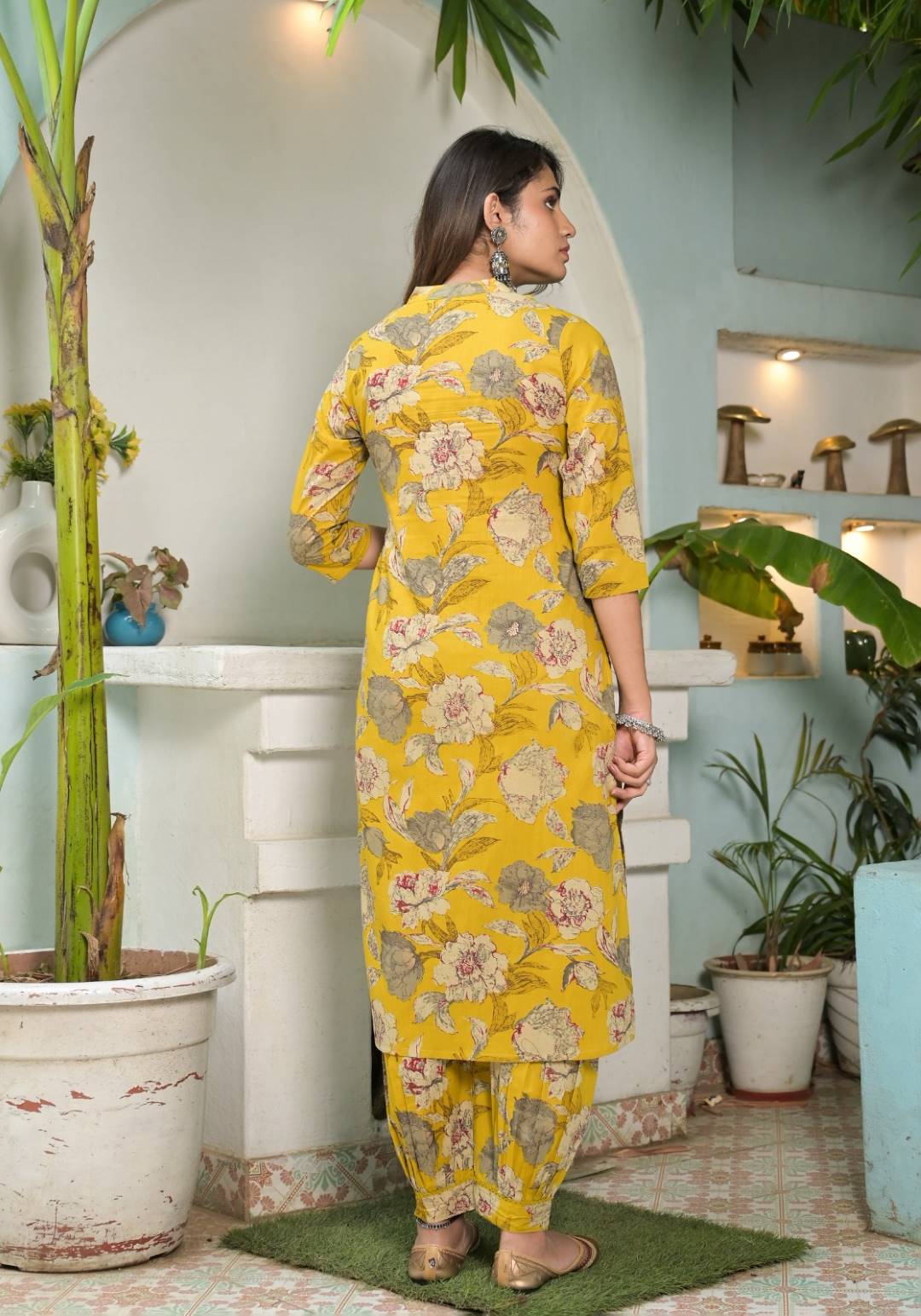 Varanga Women Yellow Floral Printed Mirror Embellished Straight Kurta Paired With Afghani Bottom And Printed Dupatta