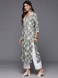 Varanga Women Grey Printed  V-Neck Lace Embellished Straight Kurta