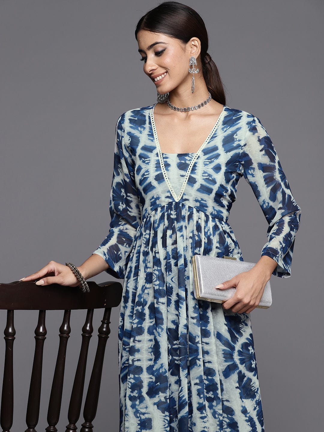 Varanga Women Blue Shibori Printed V-Neck A-Line  Kurta Paired With Tonal Printed Bottom