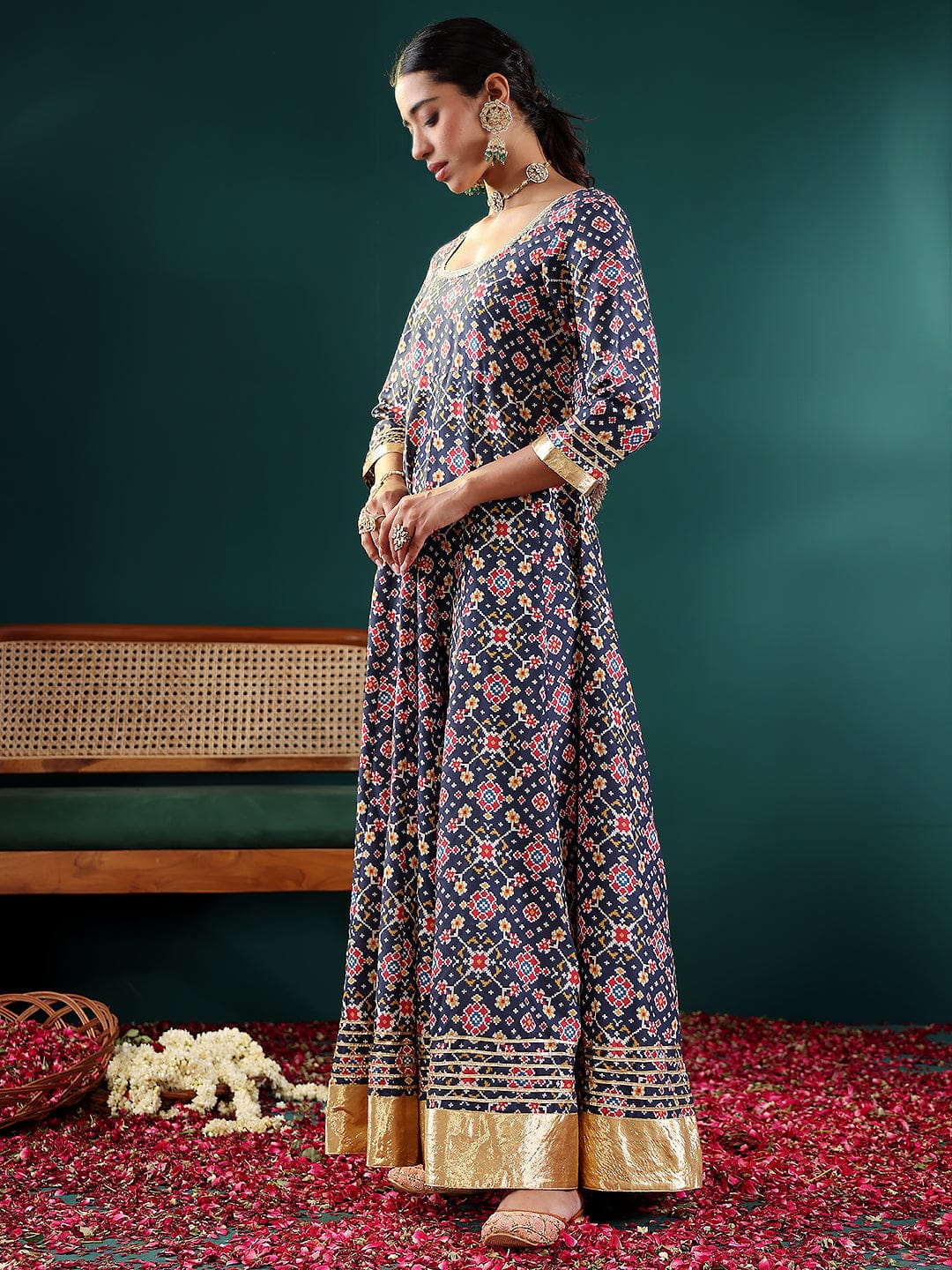 Varanga Women Navy Blue Patola Printed Anarkali Kurta Paired With Contrast Dupatta.