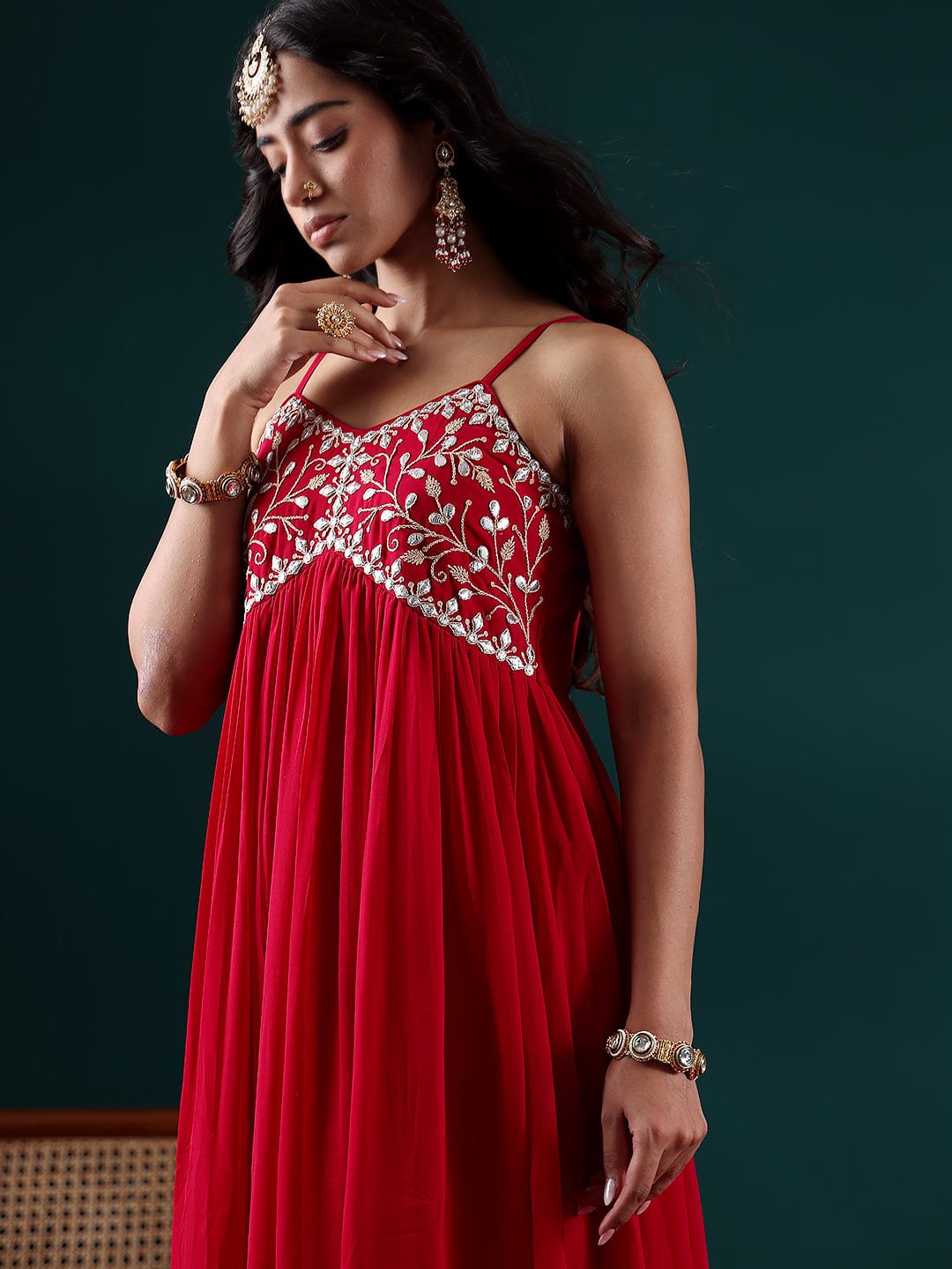 Varanga Women Fuchsia Embroidered Anarkali Strap Kurta Paired With Tonal Dupatta