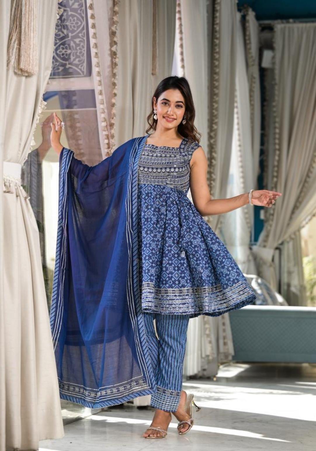 Varanga Women Blue Ethnic Printed With Embroidery, Flared Kurta With Trouser And Dupatta