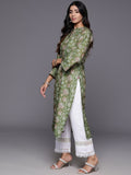 Varanga Women Olive Floral Printed  Mandarin Collar Straight Kurta
