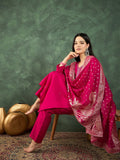 Fuchsia kurta set featuring a bead-embellished yoke, solid ankle-length trousers, and a brocade dupatta