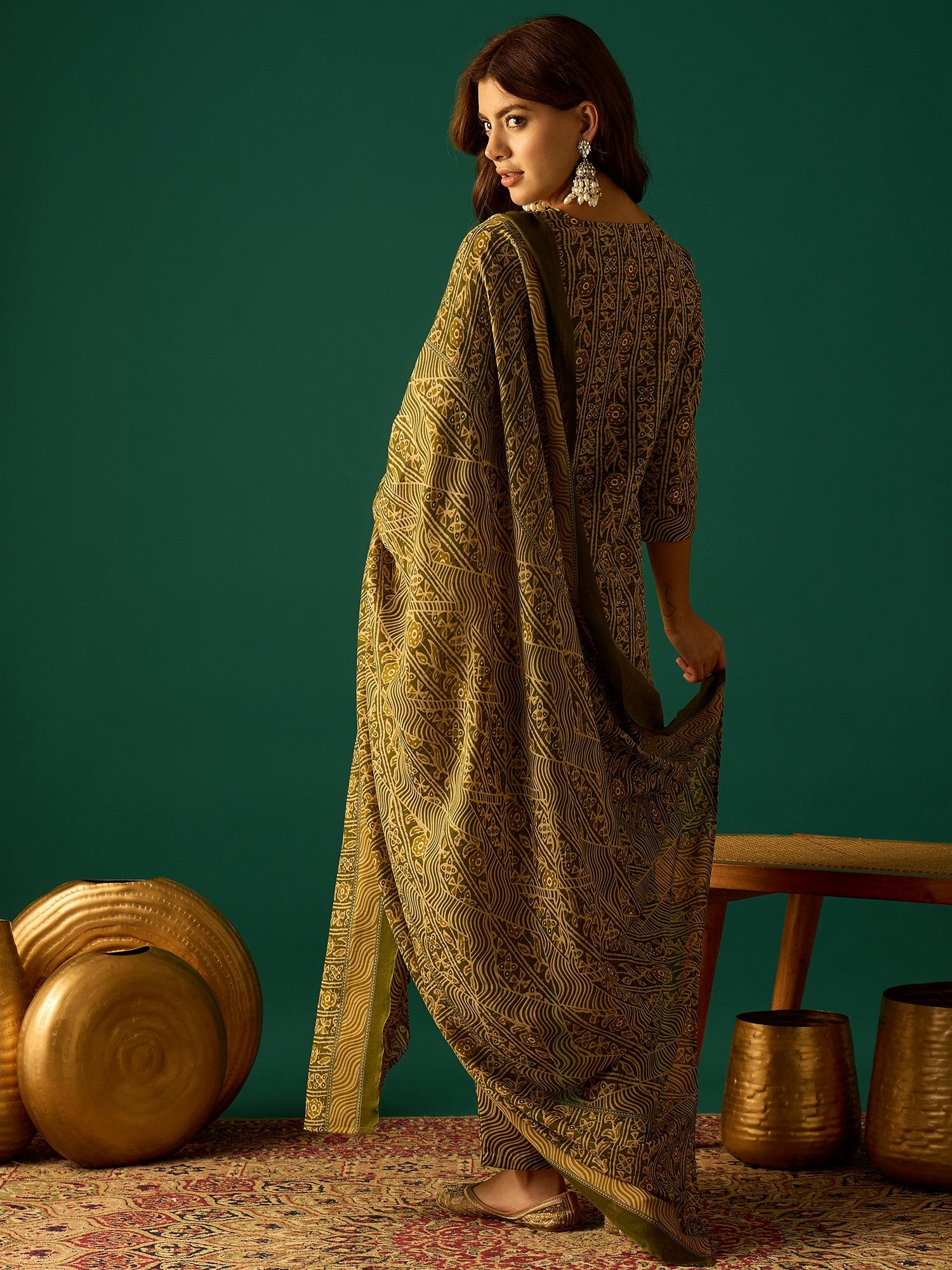 Kurta Set With Zari Yoke Embroidery, Printed Trousers, And Floral Dupatta