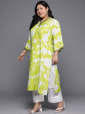 Varanga Women Plus Size Lime Green Floral Printed Kurta With V Neck And Three Quarter Bell Sleeves Pl24 Vkur1071
